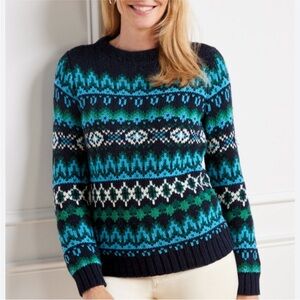 Talbots Women's Navy and Green Patterned Sweater sz. S
